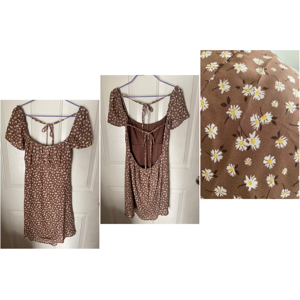 Light brown open tie back Floral Dress with Daisies